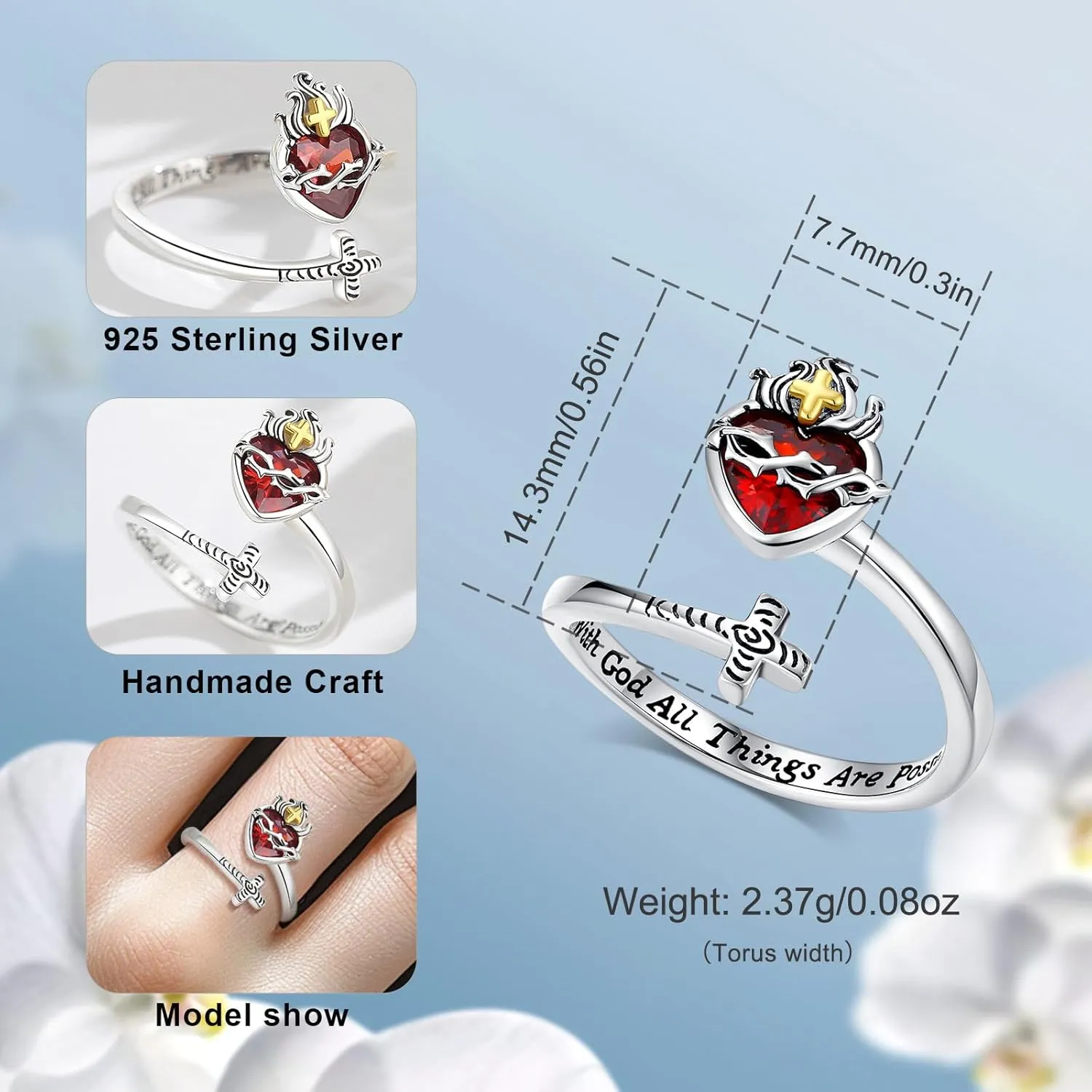 Vito 925 Sterling Silver Cross Ring for Women, Christian Blessed Cross Ichthus Rings Adjustable Sacred Heart Faith Jewelry Gift