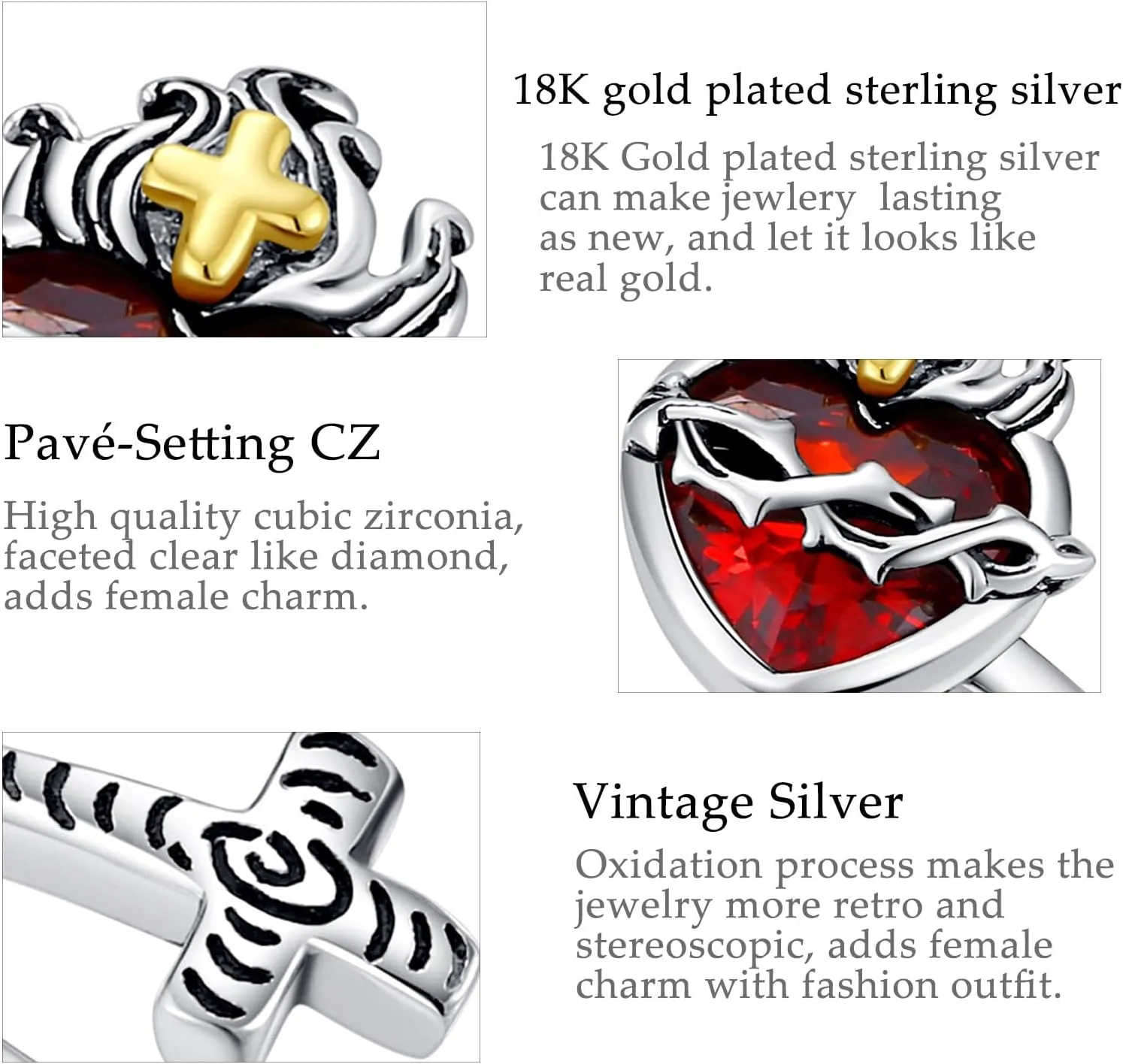 Vito 925 Sterling Silver Cross Ring for Women, Christian Blessed Cross Ichthus Rings Adjustable Sacred Heart Faith Jewelry Gift