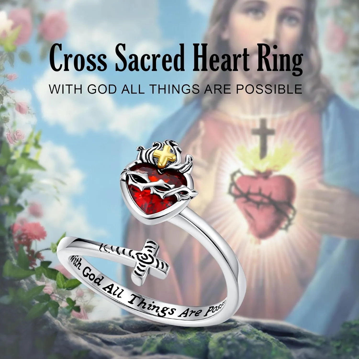 Vito 925 Sterling Silver Cross Ring for Women, Christian Blessed Cross Ichthus Rings Adjustable Sacred Heart Faith Jewelry Gift