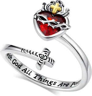 Vito 925 Sterling Silver Cross Ring for Women, Christian Blessed Cross Ichthus Rings Adjustable Sacred Heart Faith Jewelry Gift