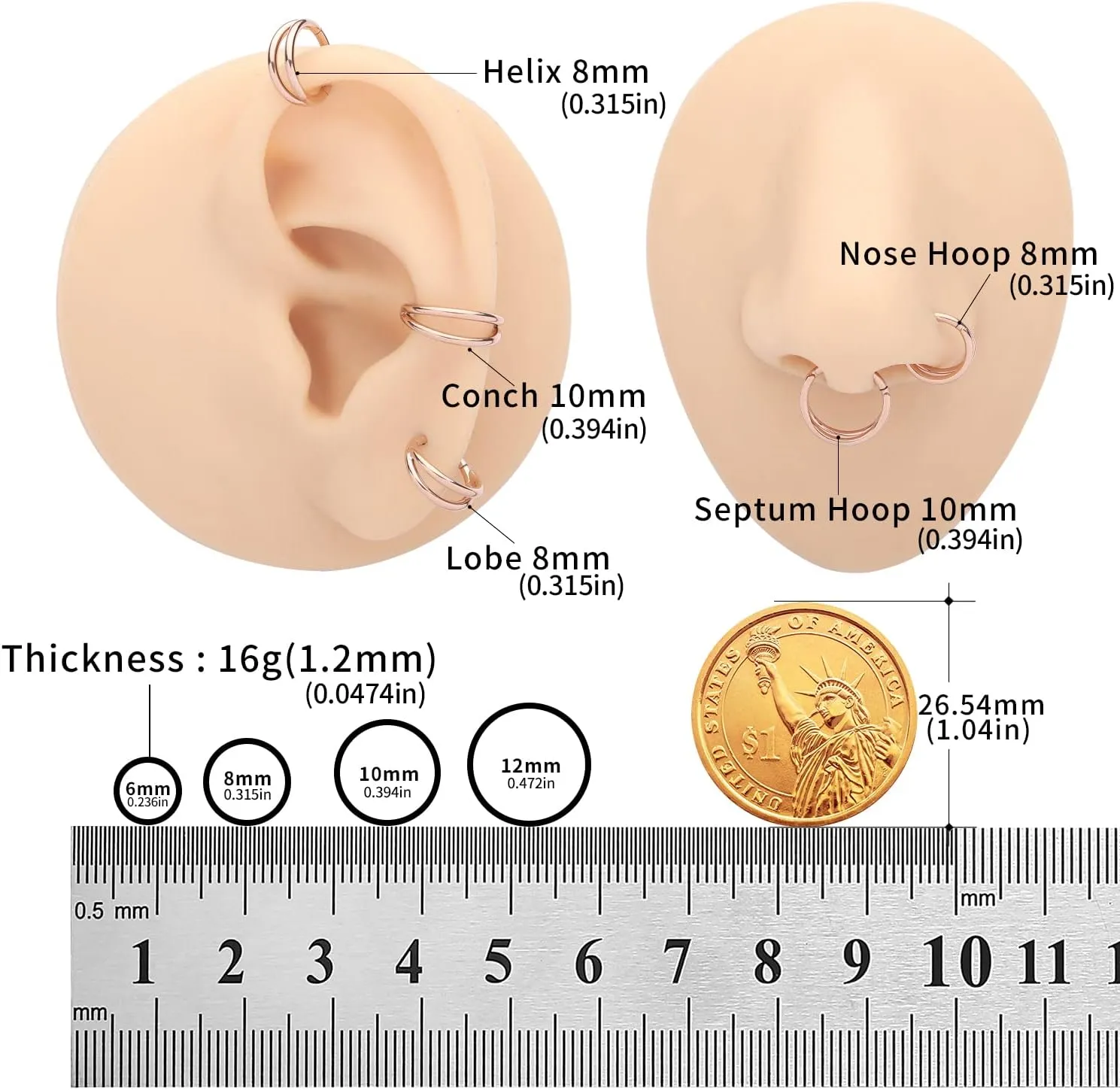 VOJO G23 Titanium 16G Cartilage Septum Hoop Piercing Jewelry Double Row Plated CZ Beads Conch Nose Rings Tragus for Women Men