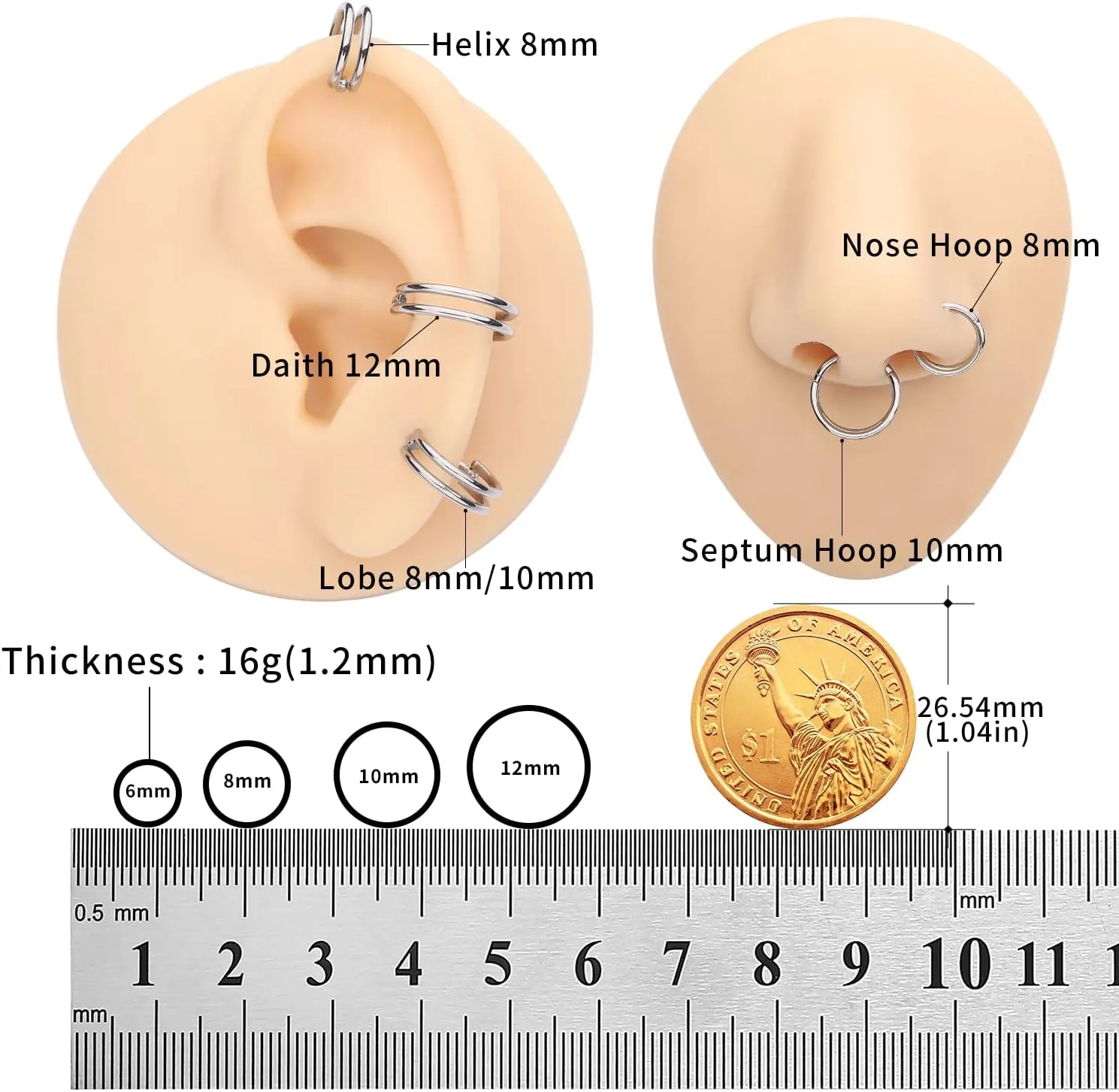 VOJO G23 Titanium 16G Cartilage Septum Hoop Piercing Jewelry Double Row Plated CZ Beads Conch Nose Rings Tragus for Women Men