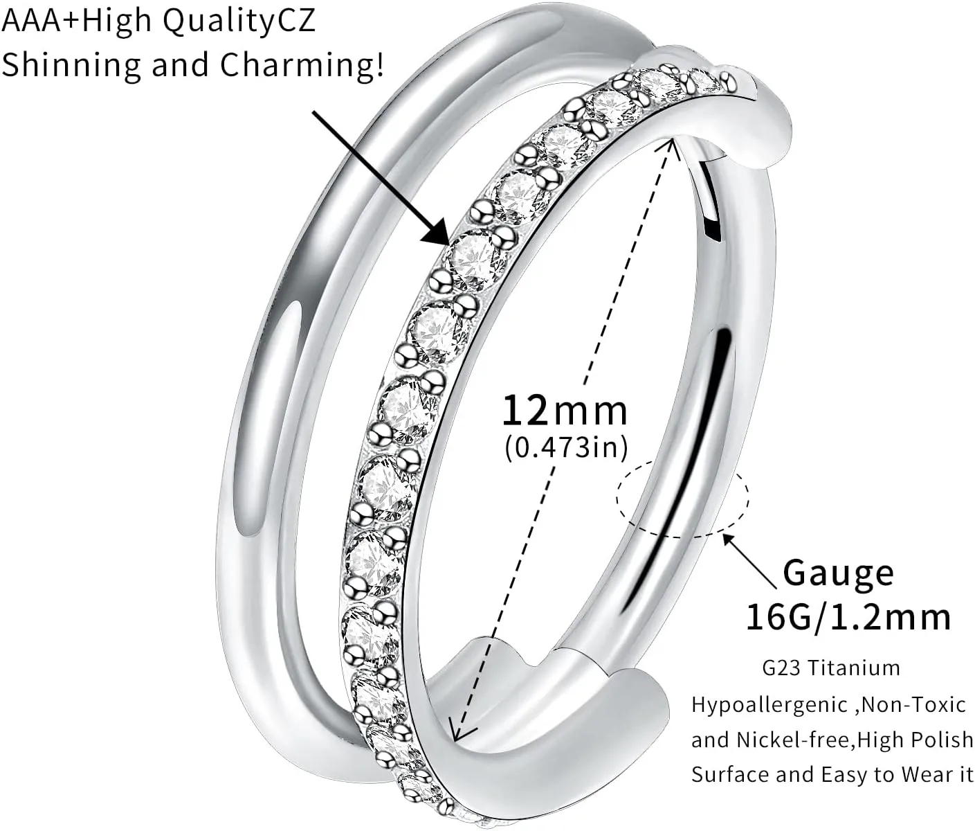 VOJO G23 Titanium 16G Cartilage Septum Hoop Piercing Jewelry Double Row Plated CZ Beads Conch Nose Rings Tragus for Women Men