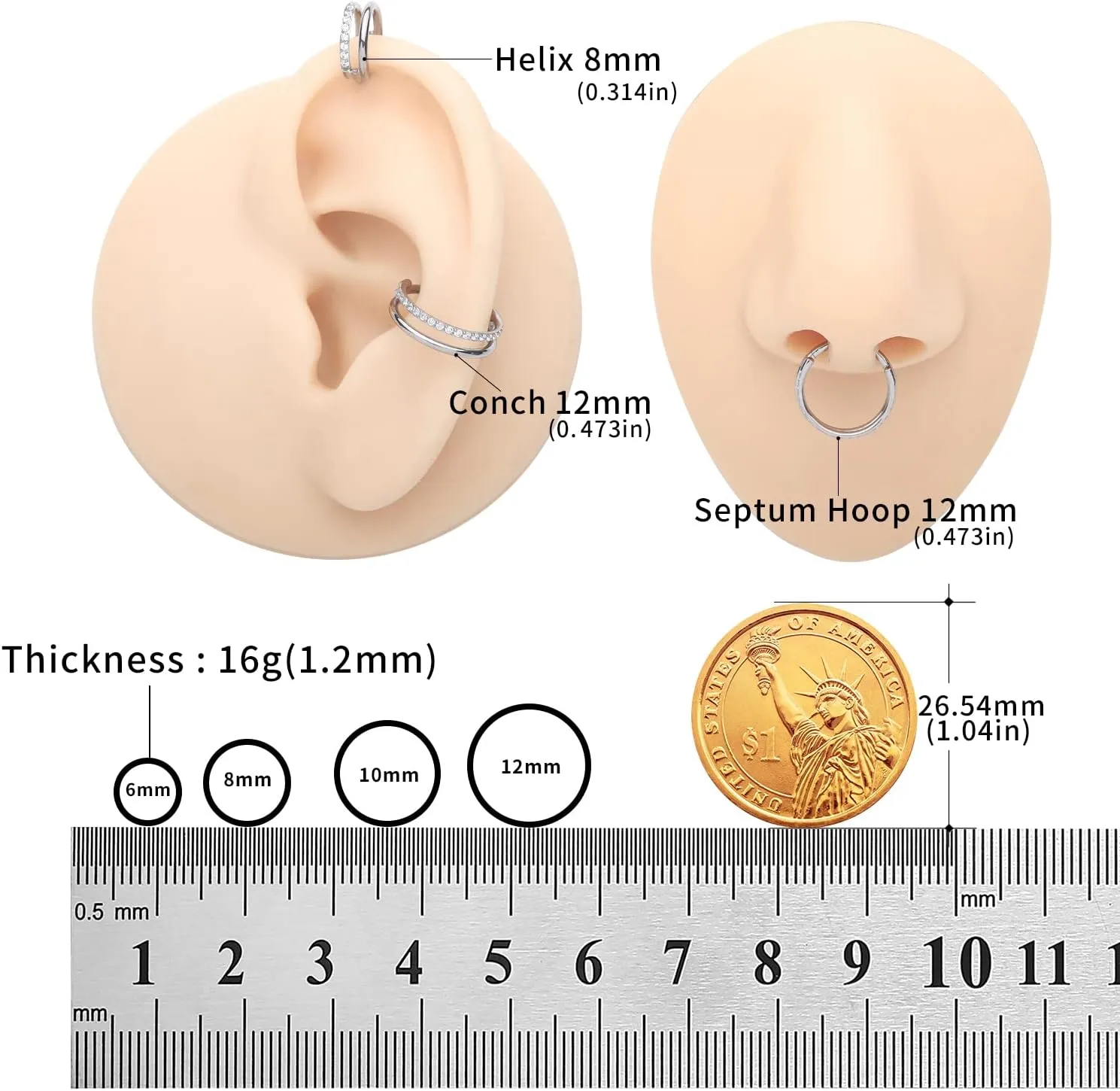 VOJO G23 Titanium 16G Cartilage Septum Hoop Piercing Jewelry Double Row Plated CZ Beads Conch Nose Rings Tragus for Women Men