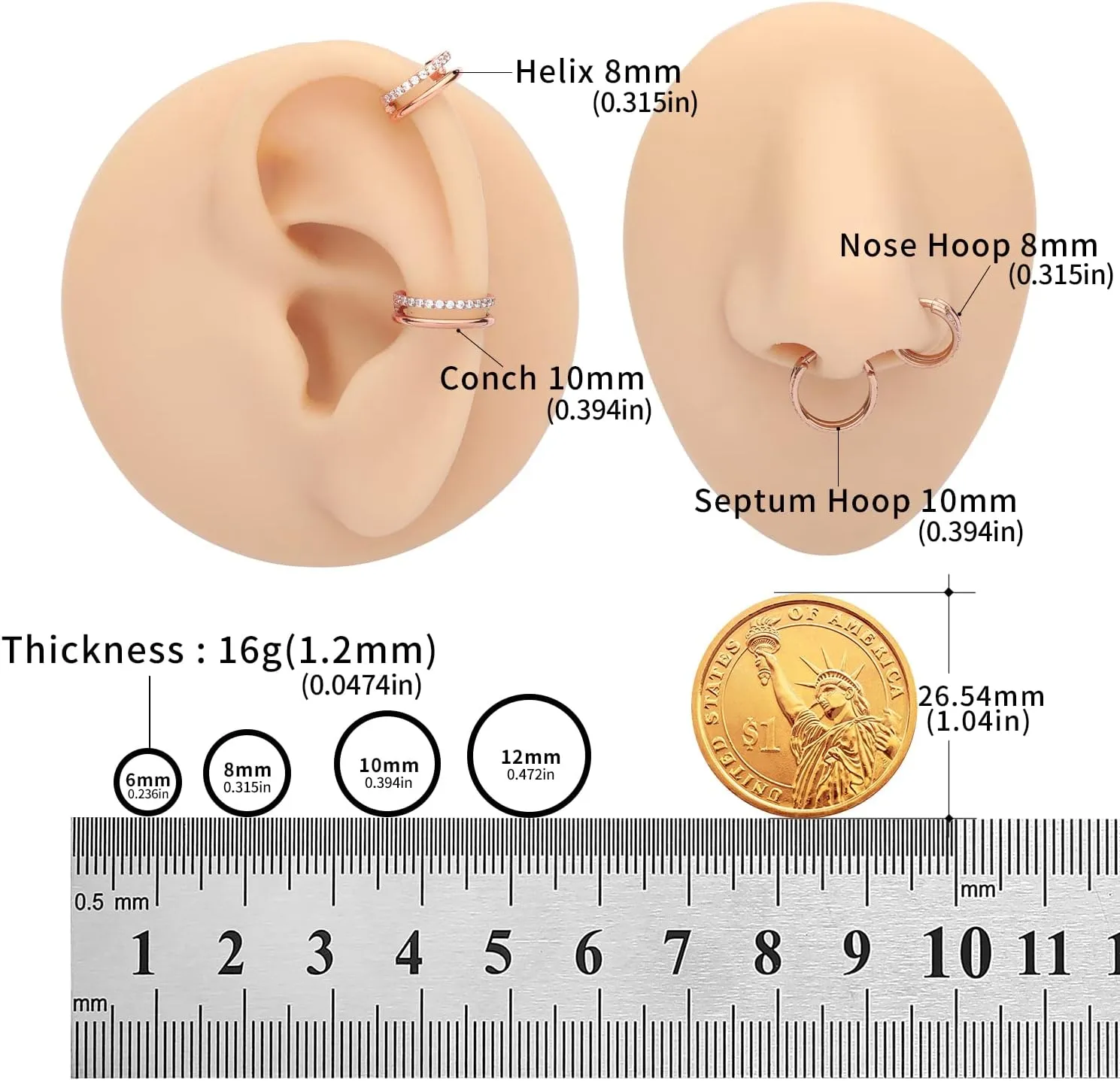 VOJO G23 Titanium 16G Cartilage Septum Hoop Piercing Jewelry Double Row Plated CZ Beads Conch Nose Rings Tragus for Women Men