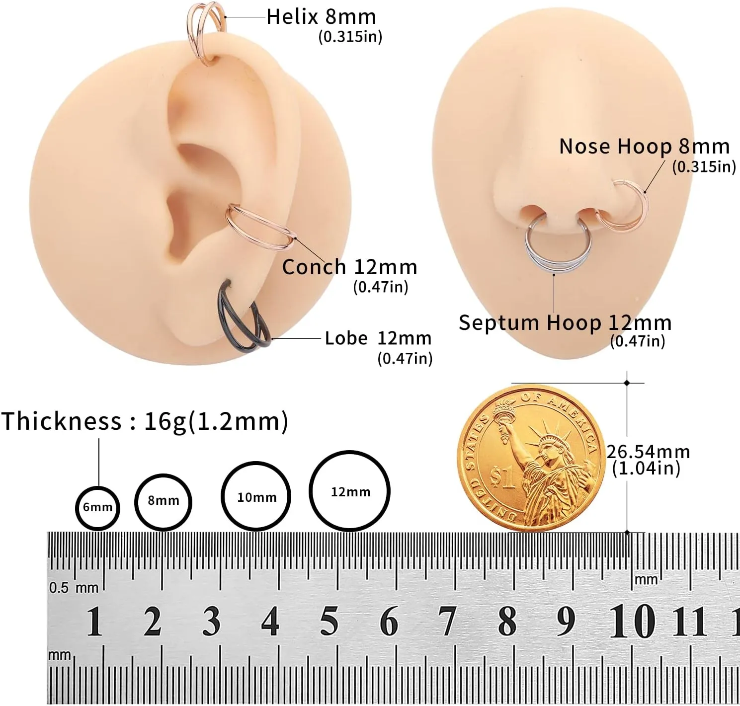 VOJO G23 Titanium 16G Cartilage Septum Hoop Piercing Jewelry Double Row Plated CZ Beads Conch Nose Rings Tragus for Women Men