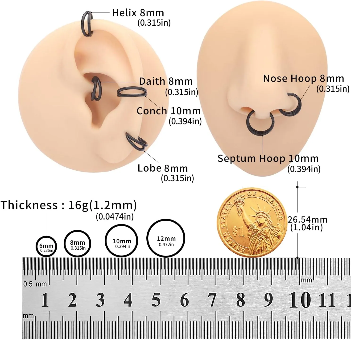 VOJO G23 Titanium 16G Cartilage Septum Hoop Piercing Jewelry Double Row Plated CZ Beads Conch Nose Rings Tragus for Women Men