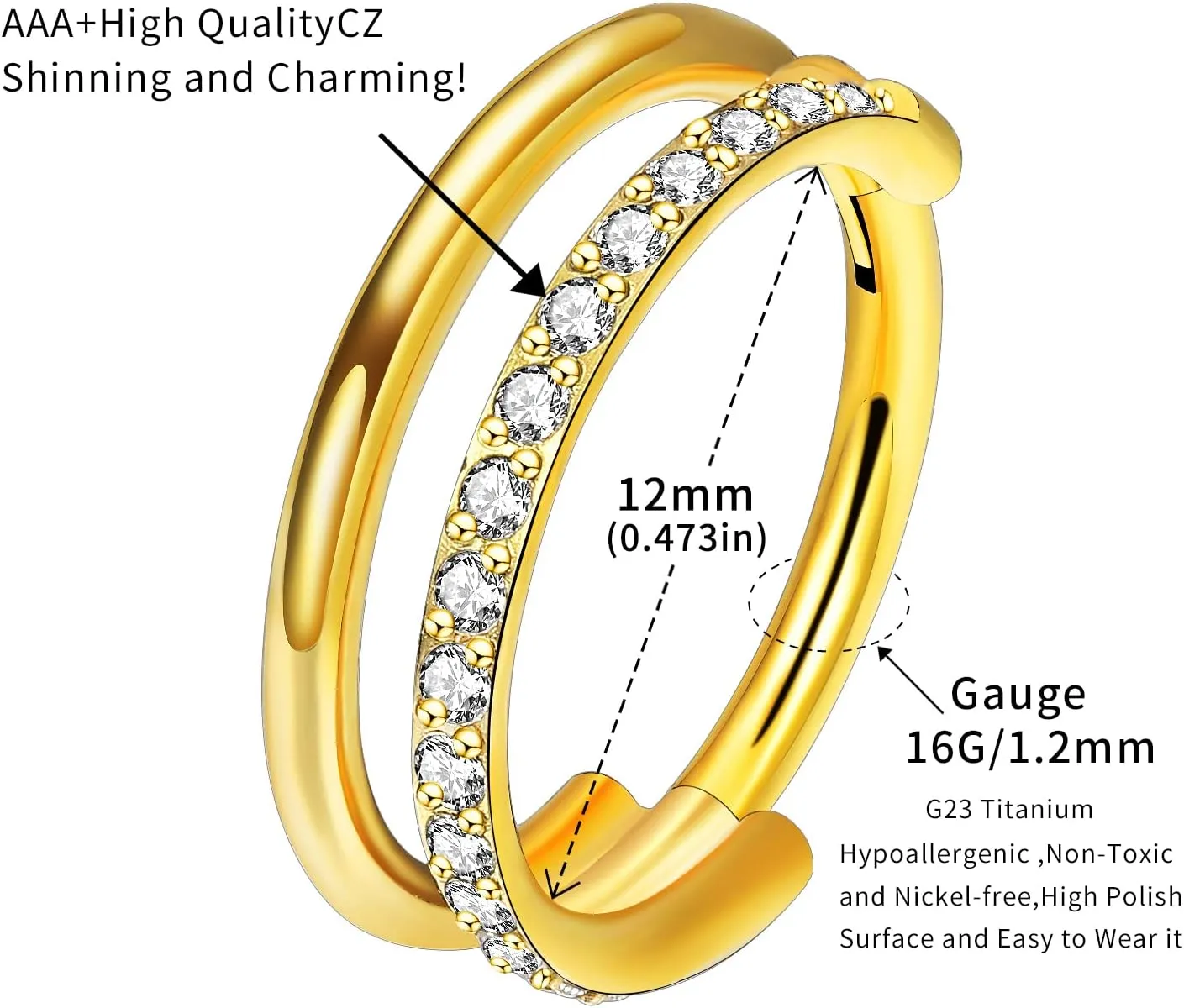 VOJO G23 Titanium 16G Cartilage Septum Hoop Piercing Jewelry Double Row Plated CZ Beads Conch Nose Rings Tragus for Women Men