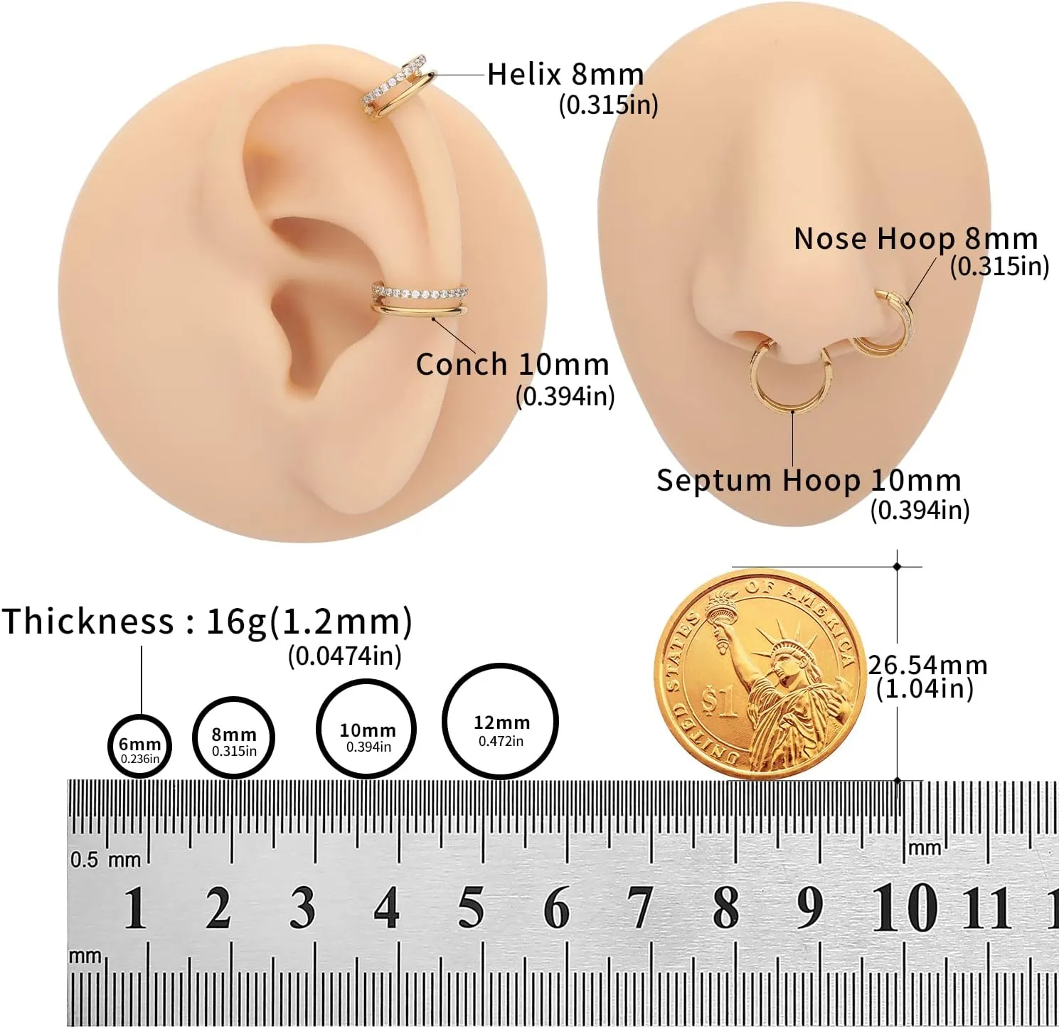 VOJO G23 Titanium 16G Cartilage Septum Hoop Piercing Jewelry Double Row Plated CZ Beads Conch Nose Rings Tragus for Women Men