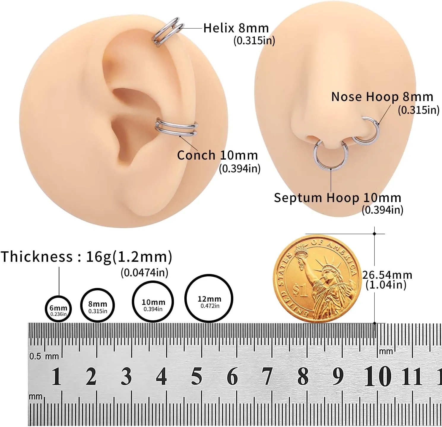 VOJO G23 Titanium 16G Cartilage Septum Hoop Piercing Jewelry Double Row Plated CZ Beads Conch Nose Rings Tragus for Women Men