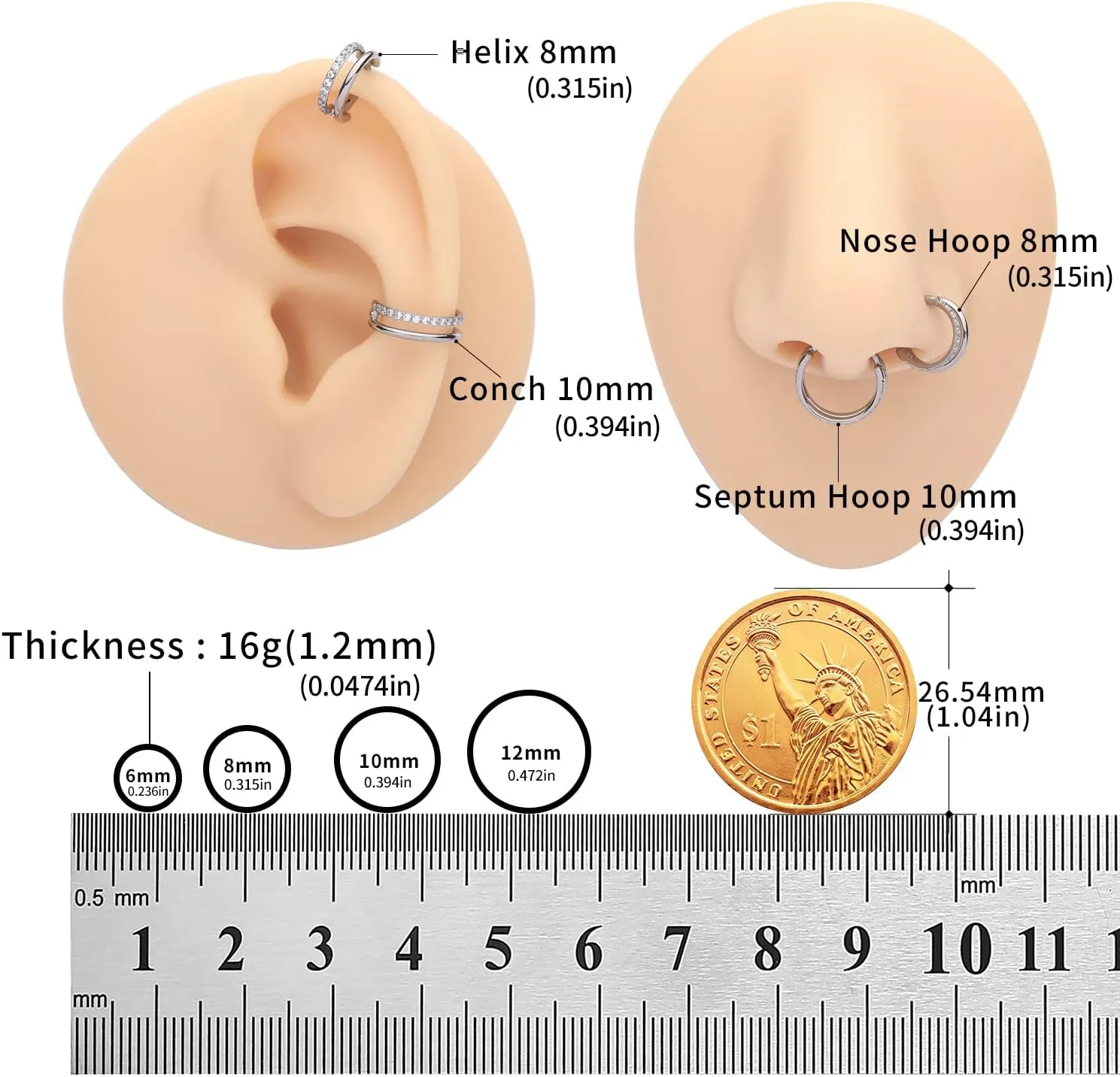 VOJO G23 Titanium 16G Cartilage Septum Hoop Piercing Jewelry Double Row Plated CZ Beads Conch Nose Rings Tragus for Women Men