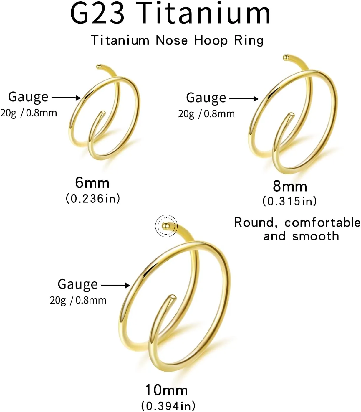 VOJO G23 Titanium Spiral Double Hoop Nose Rings 20G 6/8/10mm Hypoallergenic Thin Piercing Jewelry for Women Men