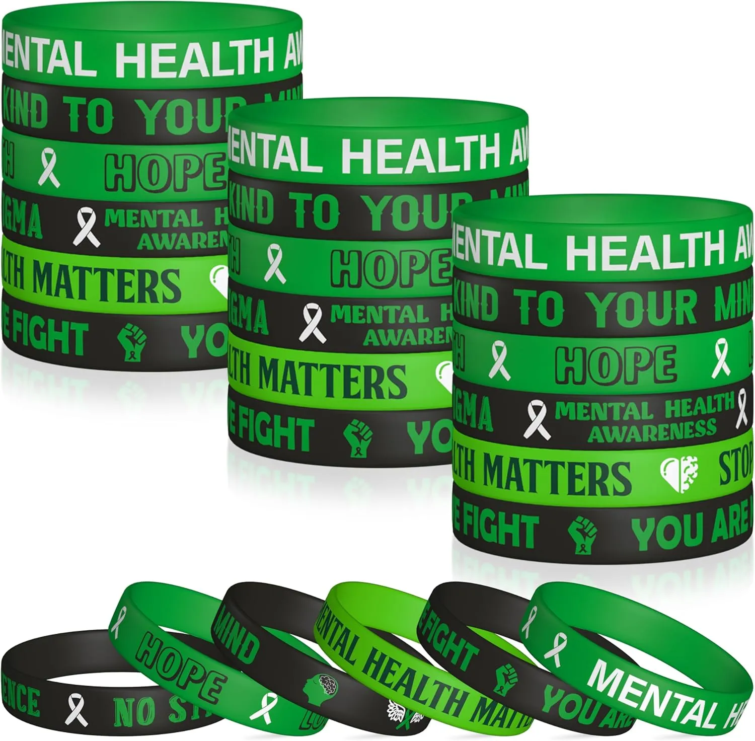 WATINC Mental Health Awareness Silicone Wristbands Set, Green Ribbons Mental Health Hope Rubber Label Bracelets, Motivational Rubber Wristband with Inspirational Message for Men Girls Teens (48Pcs)