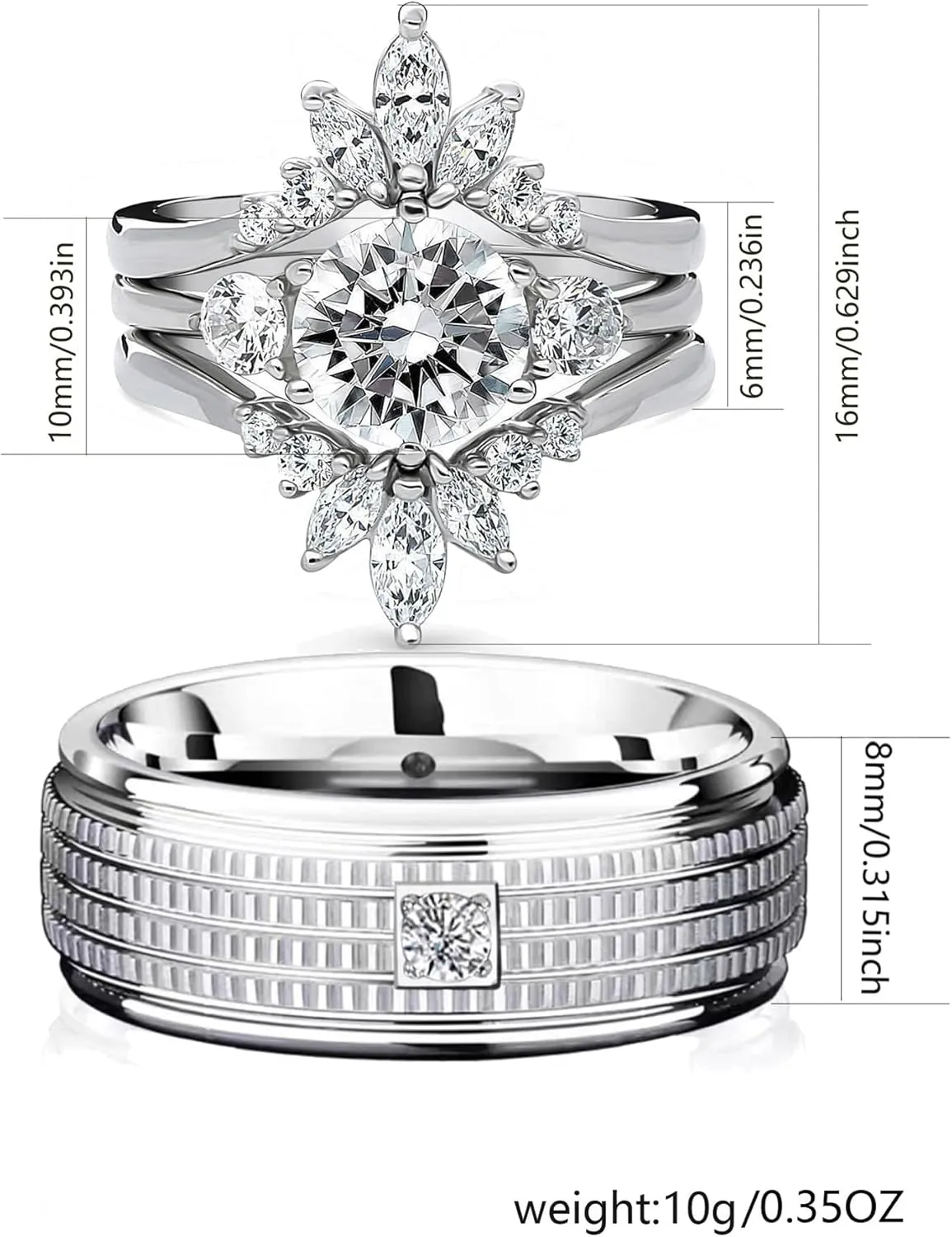 wedding ring set His Hers Couples Matching Rings 3PC Women's 10k White Gold Plated Moissanite Wedding Engagement Ring Bridal Sets & Men's Titanium Wedding Band