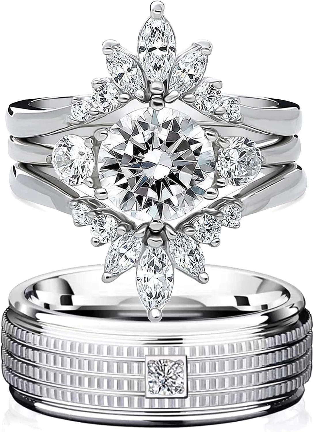 wedding ring set His Hers Couples Matching Rings 3PC Women's 10k White Gold Plated Moissanite Wedding Engagement Ring Bridal Sets & Men's Titanium Wedding Band