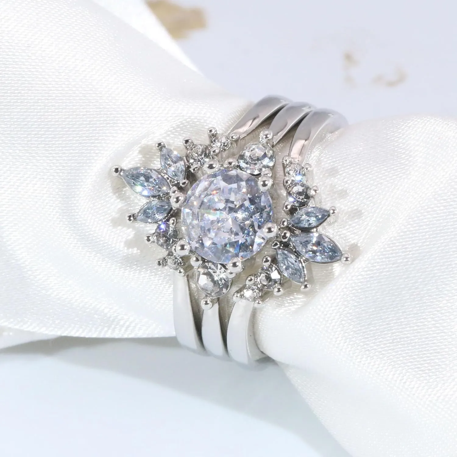 wedding ring set His Hers Couples Matching Rings 3PC Women's 10k White Gold Plated Moissanite Wedding Engagement Ring Bridal Sets & Men's Titanium Wedding Band