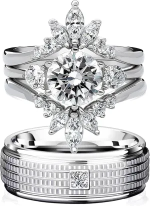 wedding ring set His Hers Couples Matching Rings 3PC Women's 10k White Gold Plated Moissanite Wedding Engagement Ring Bridal Sets & Men's Titanium Wedding Band