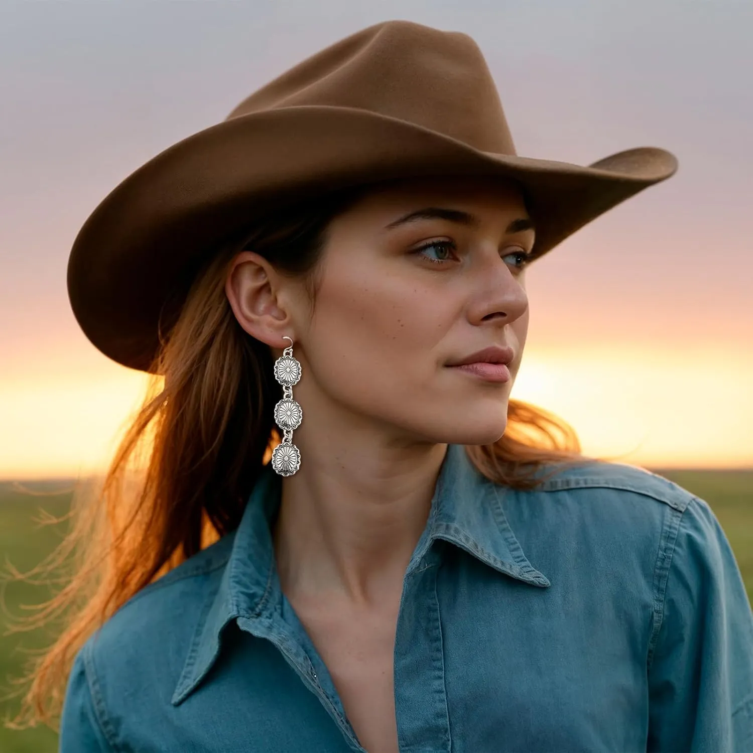 Western Earrings Outfit for Women Oval Silver Earrings Dangle Turquoise Western Jewelry Country Concert Outfits for Women Dress