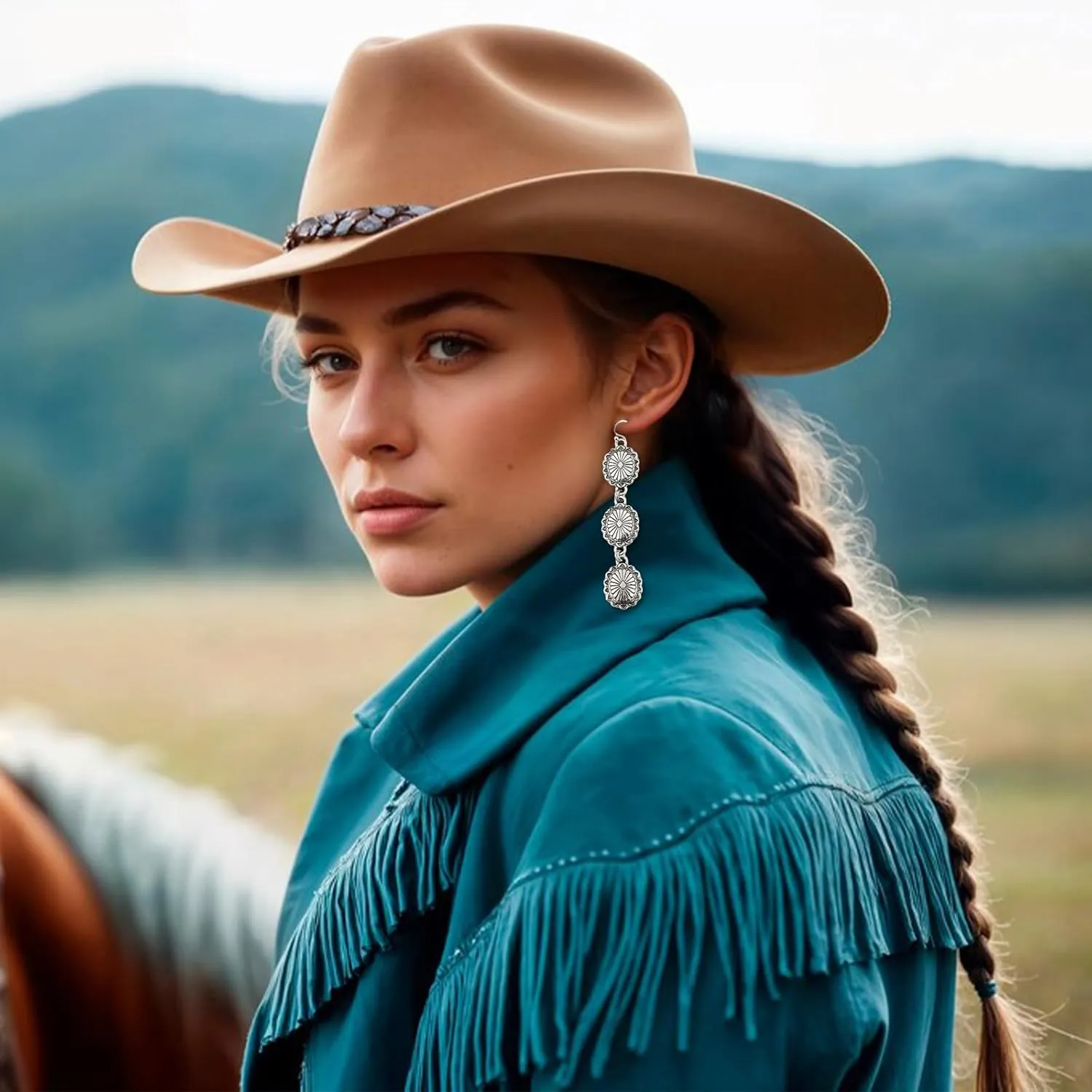 Western Earrings Outfit for Women Oval Silver Earrings Dangle Turquoise Western Jewelry Country Concert Outfits for Women Dress