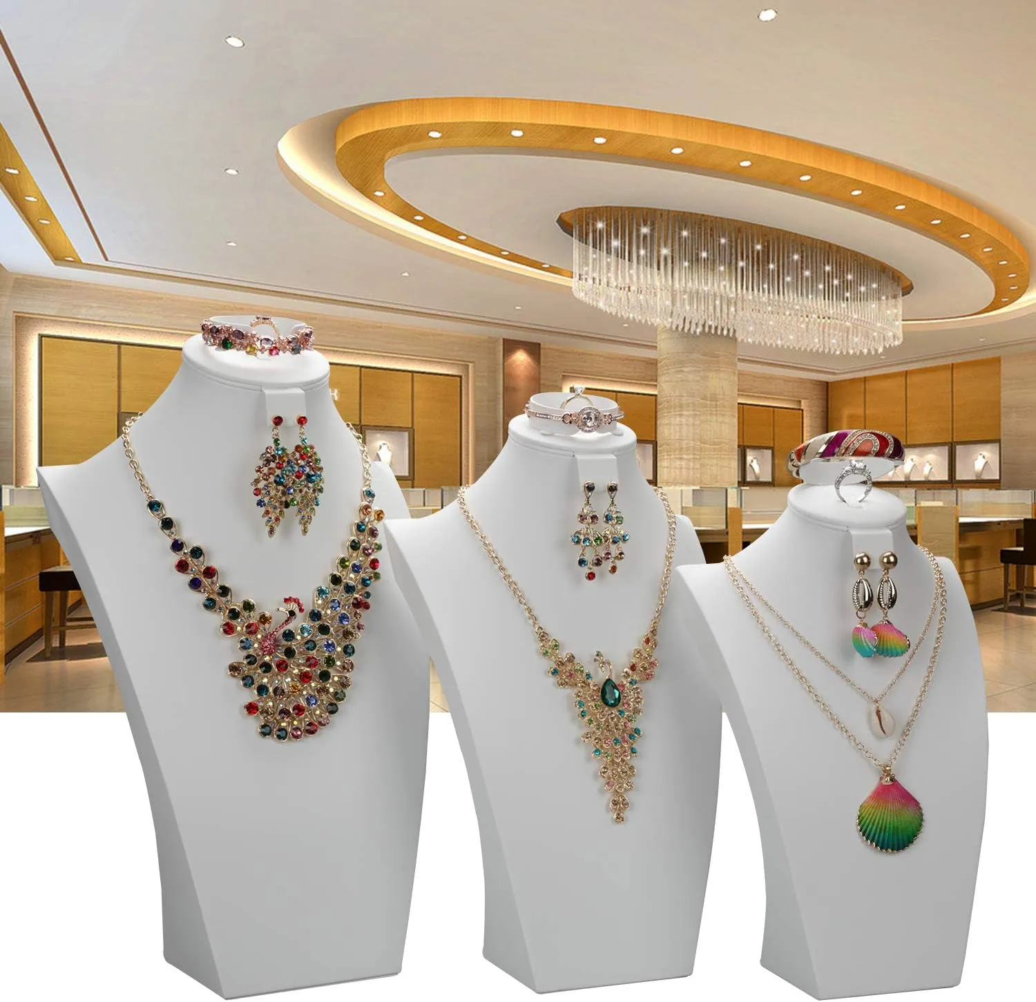 White Leather Bust Display Stand for Necklaces, Large Jewelry Bust Display Organizer Storage Stand for Long Necklace Earrings,Rings,Chain Pendant (H12.4inch)