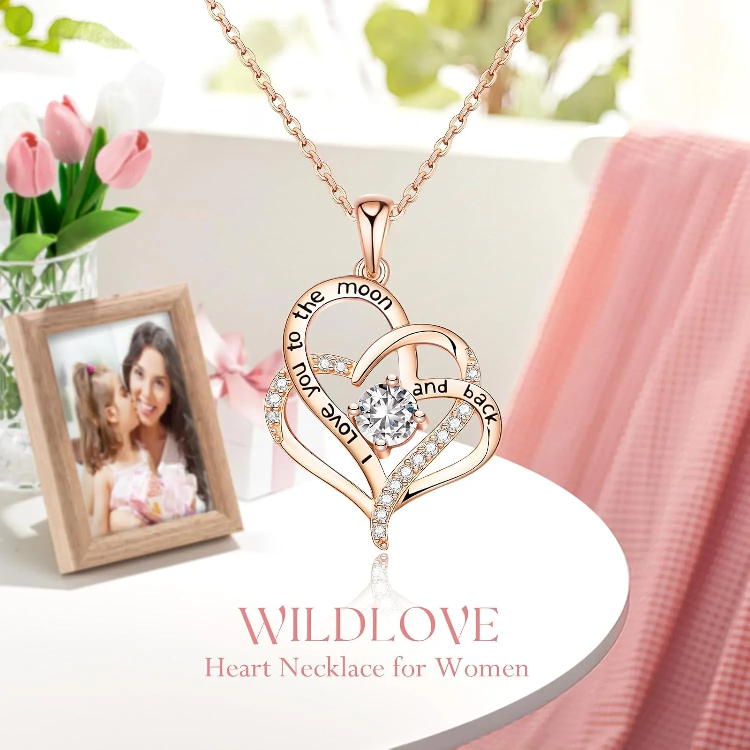WILDLOVE Preserved Forever Real Rose with I Love You Necklace, Birthday Gifts for Mom Grandma Wife, Preserved Flowers Gift for Her - Pink