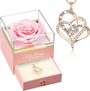 WILDLOVE Preserved Forever Real Rose with I Love You Necklace, Birthday Gifts for Mom Grandma Wife, Preserved Flowers Gift for Her - Pink