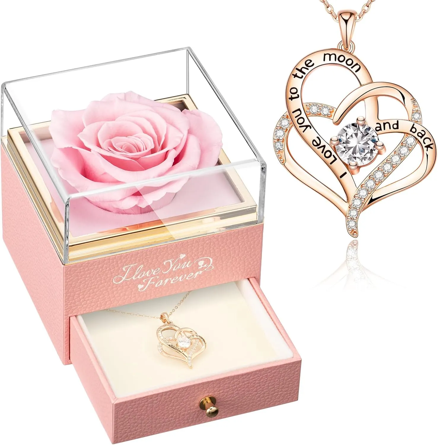 WILDLOVE Preserved Forever Real Rose with I Love You Necklace, Birthday Gifts for Mom Grandma Wife, Preserved Flowers Gift for Her - Pink