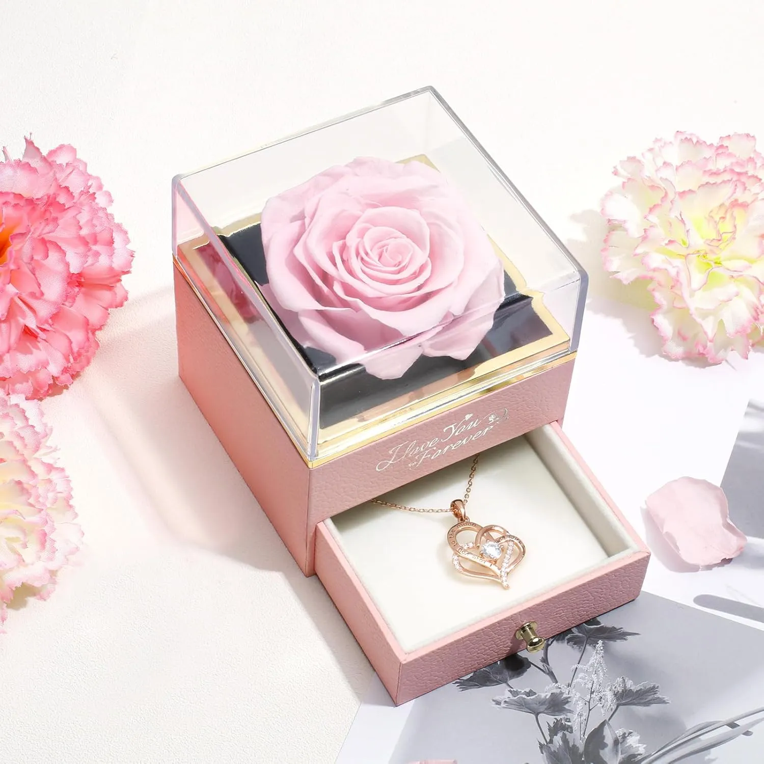 WILDLOVE Preserved Forever Real Rose with I Love You Necklace, Birthday Gifts for Mom Grandma Wife, Preserved Flowers Gift for Her - Pink