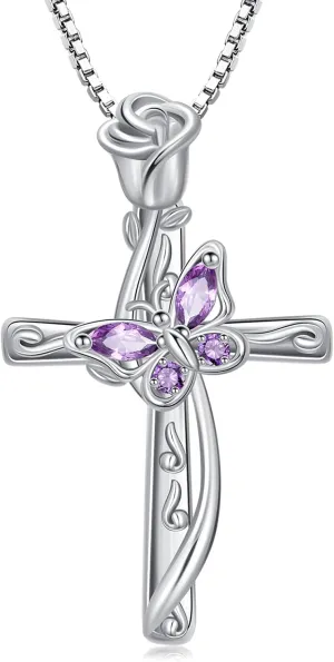 WINNICACA Cross Necklace for Women 925 Sterling Silver Butterfly Necklace Amethyst Created Gemstone Pendant Necklace Jewelry Gifts for Women
