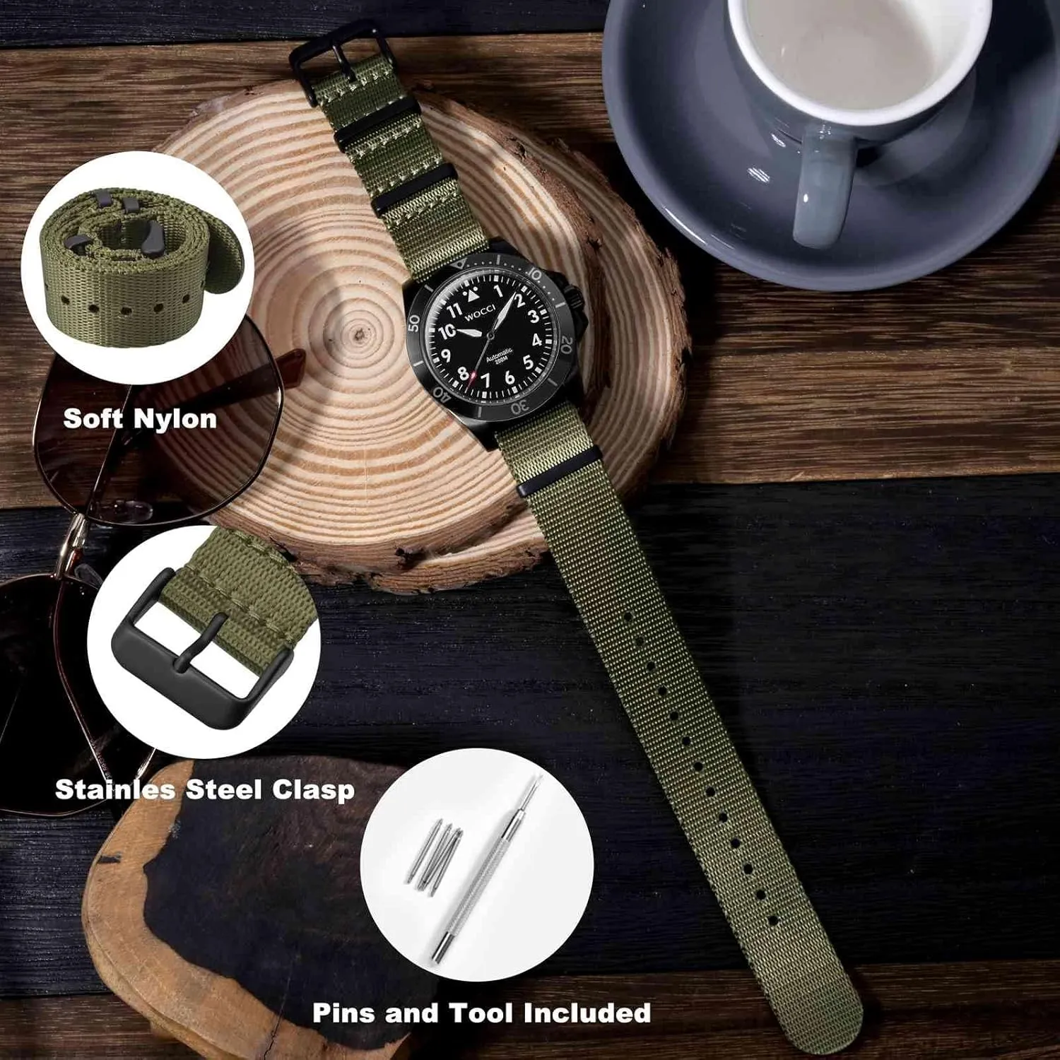 WOCCI 20mm Military Nylon Watch Band, One-piece Nylon Strap for Men and Women, Black Buckle (Army Green)