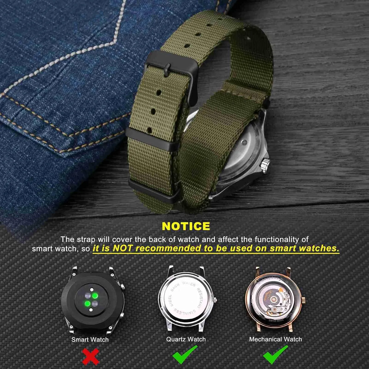 WOCCI 20mm Military Nylon Watch Band, One-piece Nylon Strap for Men and Women, Black Buckle (Army Green)