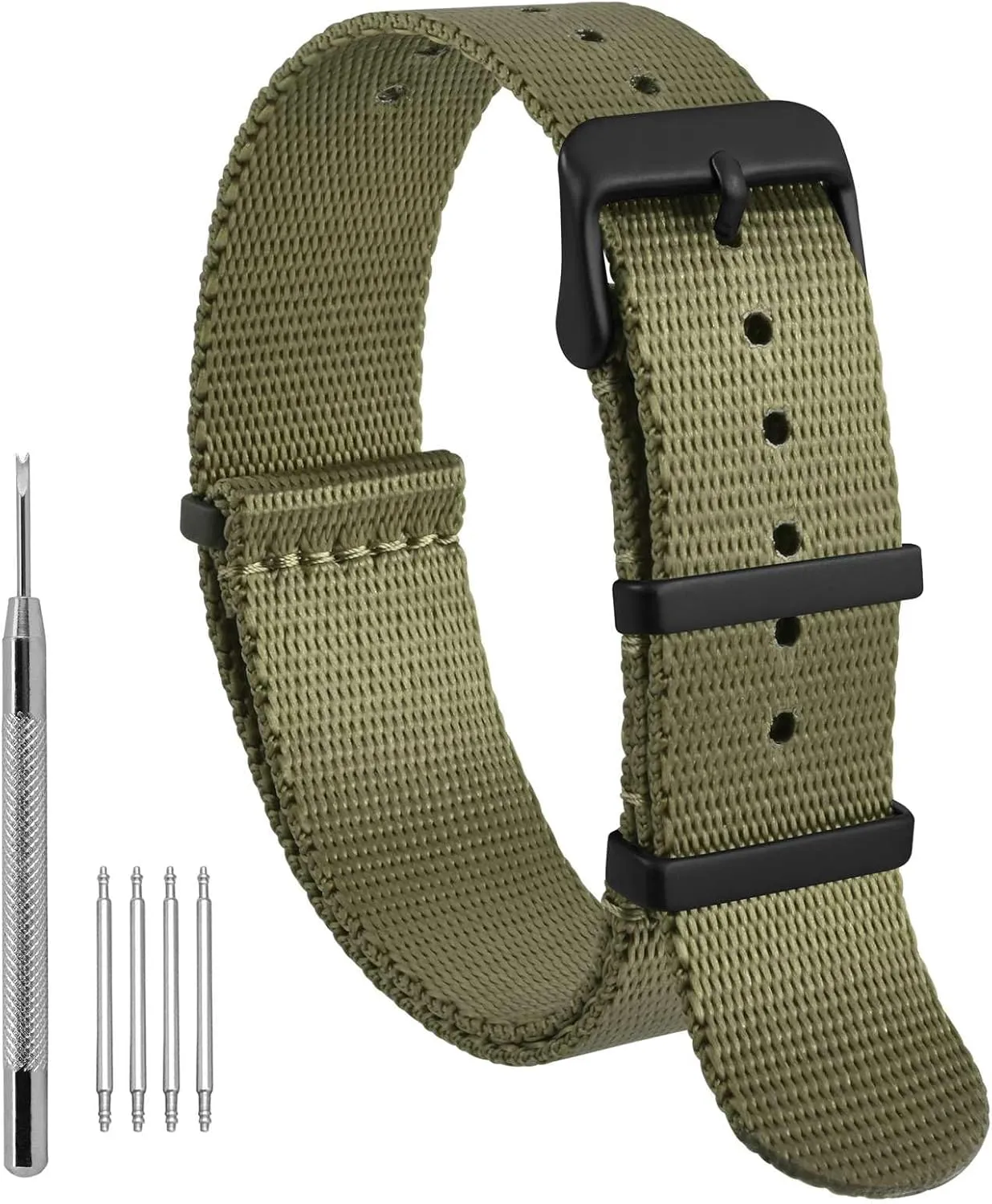WOCCI 20mm Military Nylon Watch Band, One-piece Nylon Strap for Men and Women, Black Buckle (Army Green)