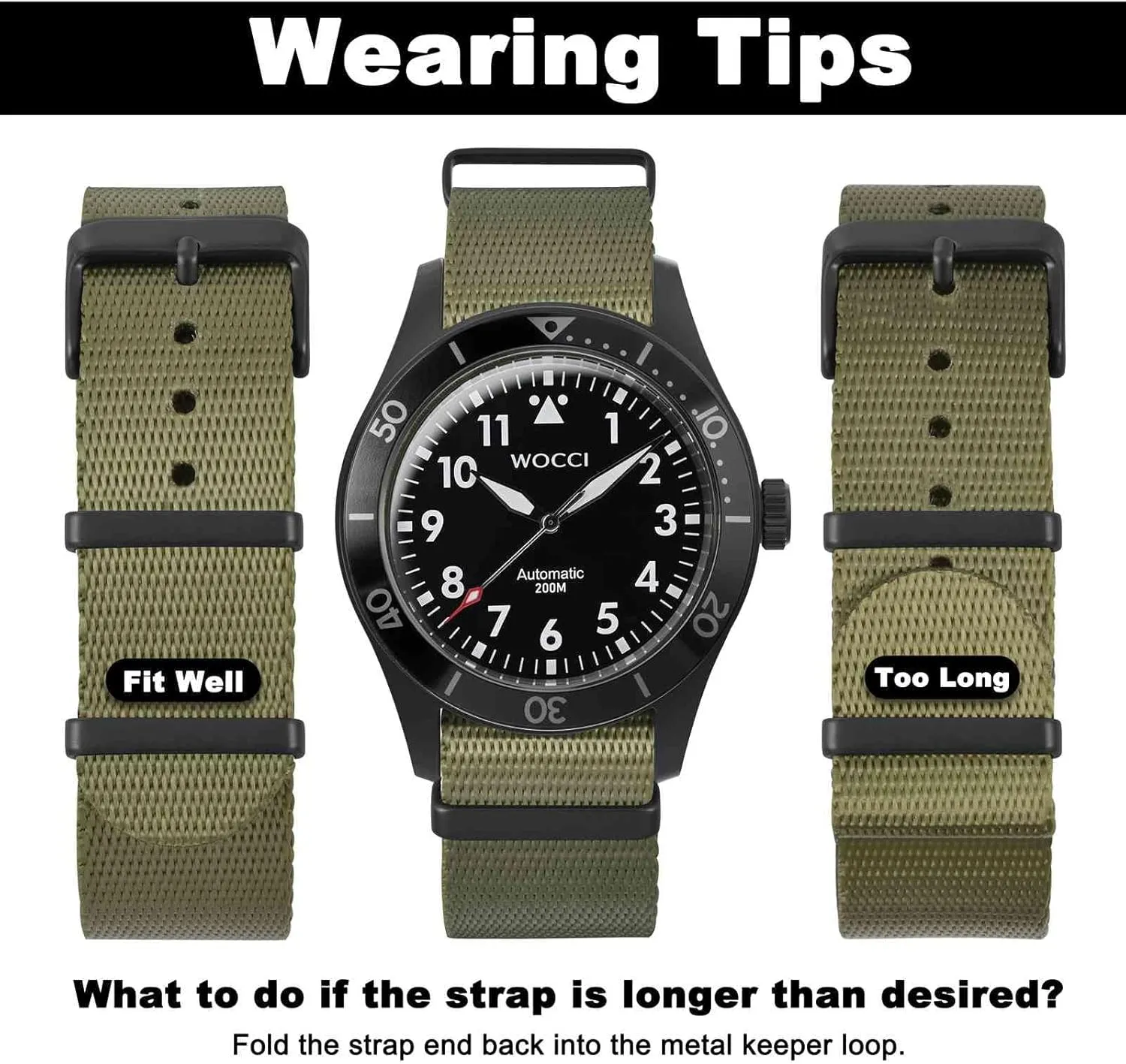 WOCCI 20mm Military Nylon Watch Band, One-piece Nylon Strap for Men and Women, Black Buckle (Army Green)