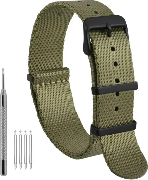 WOCCI 20mm Military Nylon Watch Band, One-piece Nylon Strap for Men and Women, Black Buckle (Army Green)