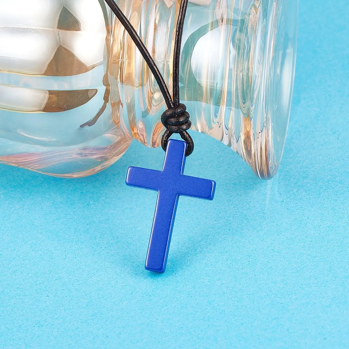 Wolentty Stone Cross Pendant Adjustable Leather Necklace Gift for Men Women