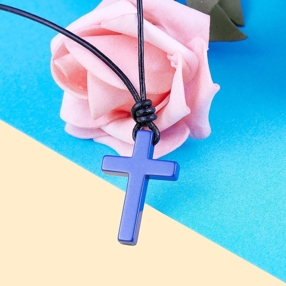 Wolentty Stone Cross Pendant Adjustable Leather Necklace Gift for Men Women