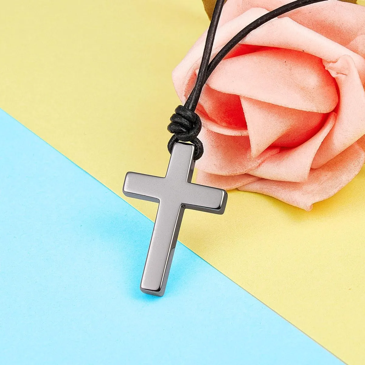 Wolentty Stone Cross Pendant Adjustable Leather Necklace Gift for Men Women