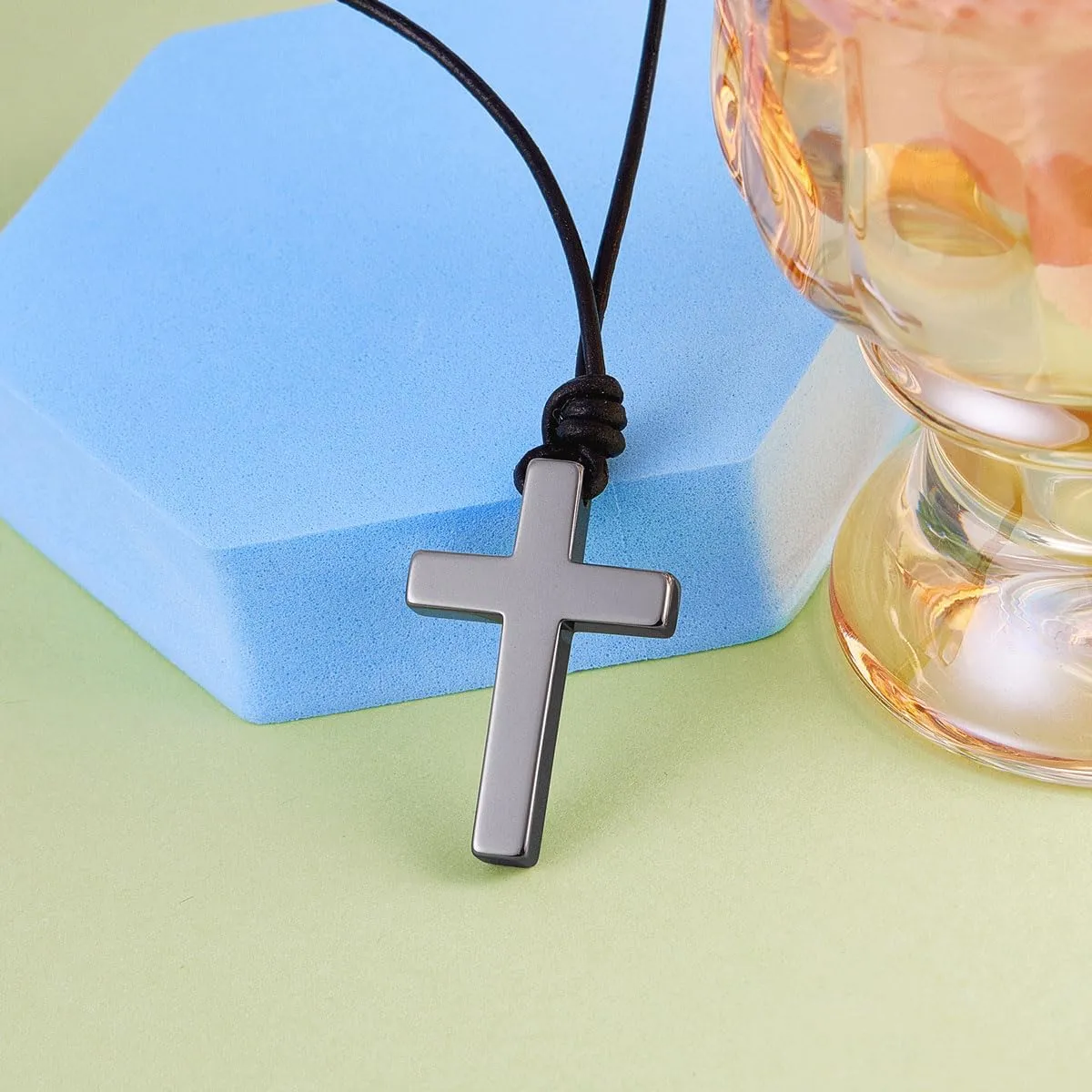 Wolentty Stone Cross Pendant Adjustable Leather Necklace Gift for Men Women