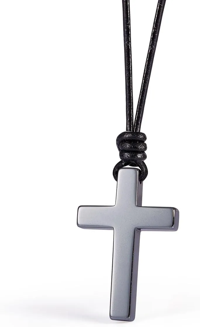 Wolentty Stone Cross Pendant Adjustable Leather Necklace Gift for Men Women