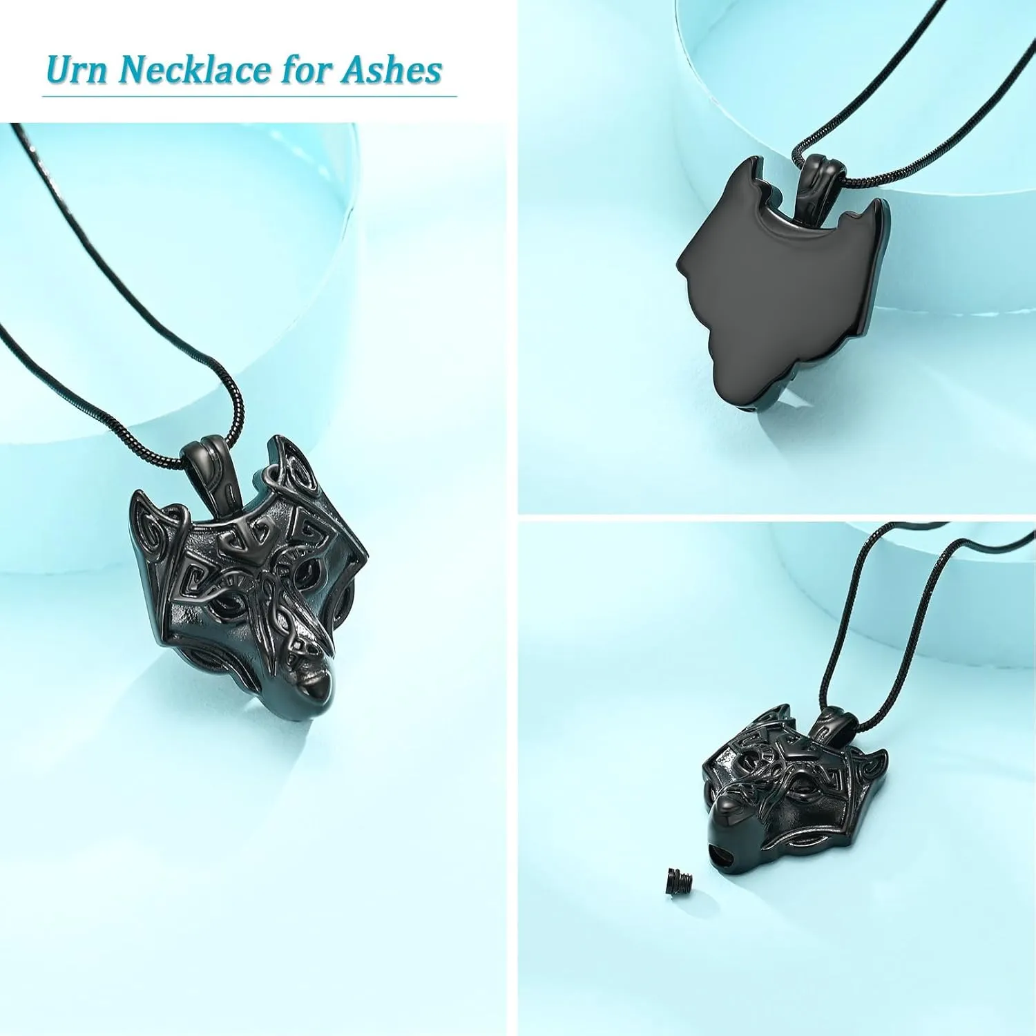 Wolf Head Urn Necklace for Ashes Animal Cremation Jewelry Stainless Steel Wolf Viking Pendant Memorial Necklaces Keepsake Jewelry Ash Pendant for Human Pets with Funnel Filler Kit