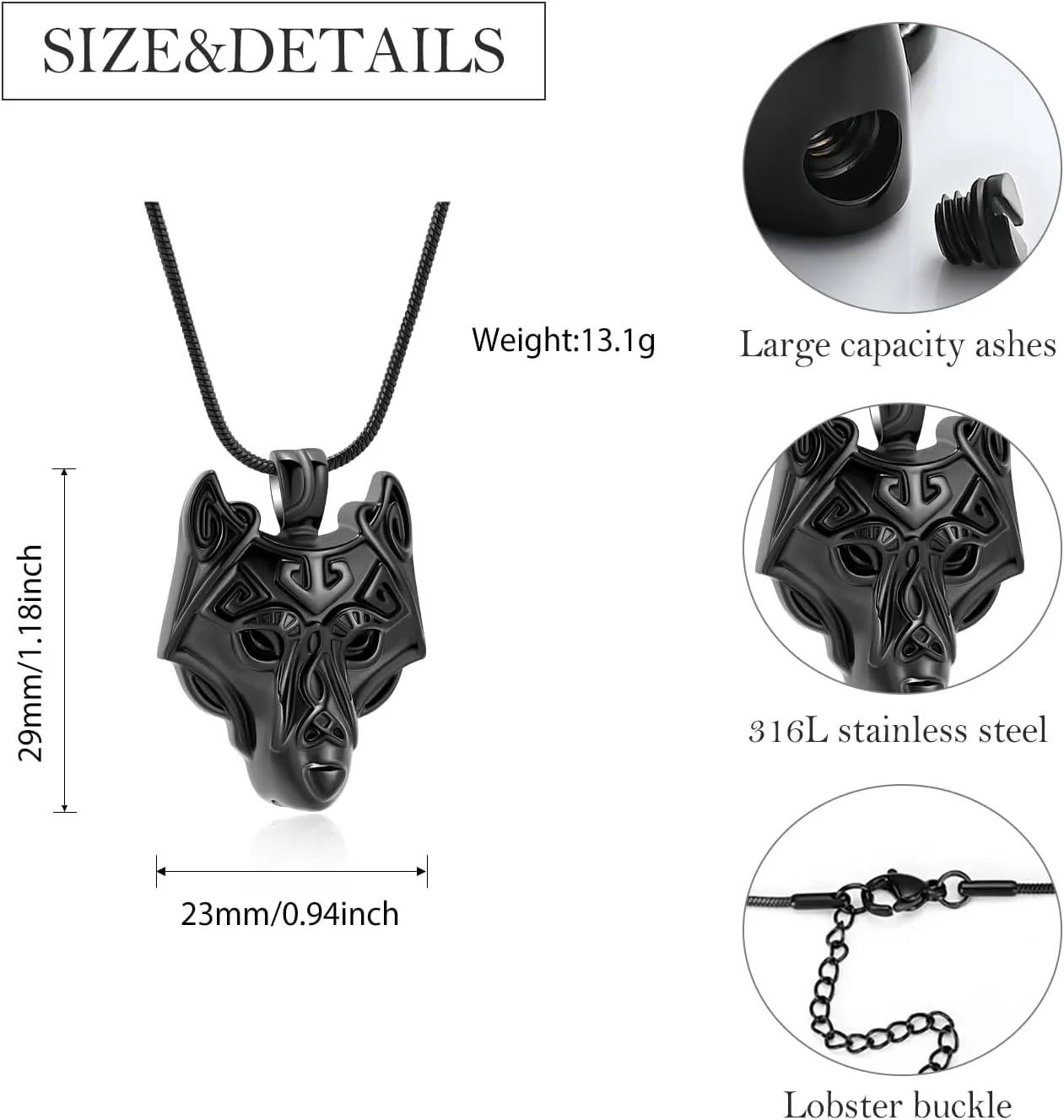 Wolf Head Urn Necklace for Ashes Animal Cremation Jewelry Stainless Steel Wolf Viking Pendant Memorial Necklaces Keepsake Jewelry Ash Pendant for Human Pets with Funnel Filler Kit