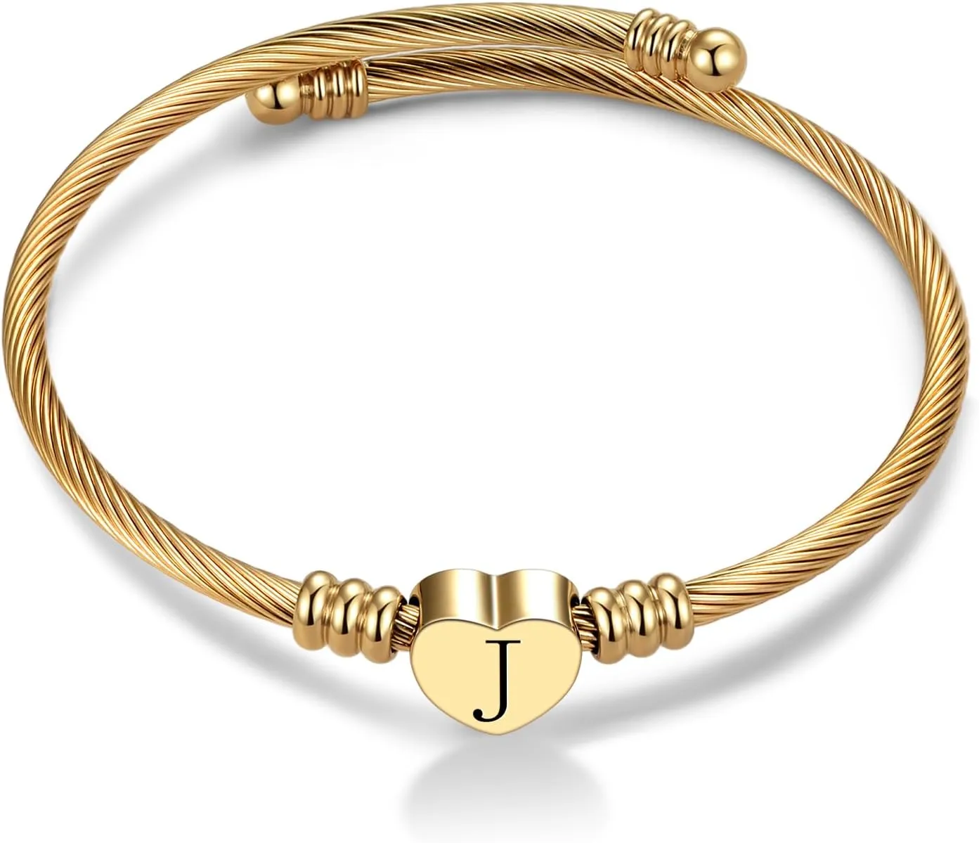 Women Gold Plated Heart Initial A-Z Letter Cuff Bracelets Expandable Stainless Steel Birthday Jewelry