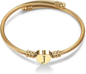 Women Gold Plated Heart Initial A-Z Letter Cuff Bracelets Expandable Stainless Steel Birthday Jewelry