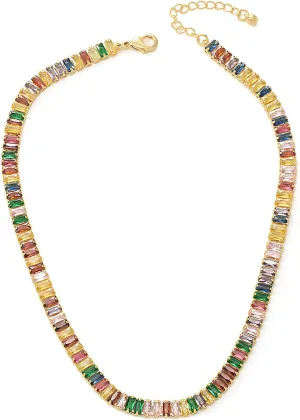 Women Multicolor Gemstone Necklace, Rainbow Cubic Zirconia Gold-Tone Chain, Adjustable Statement Jewelry for Parties, Weddings, and Gifts