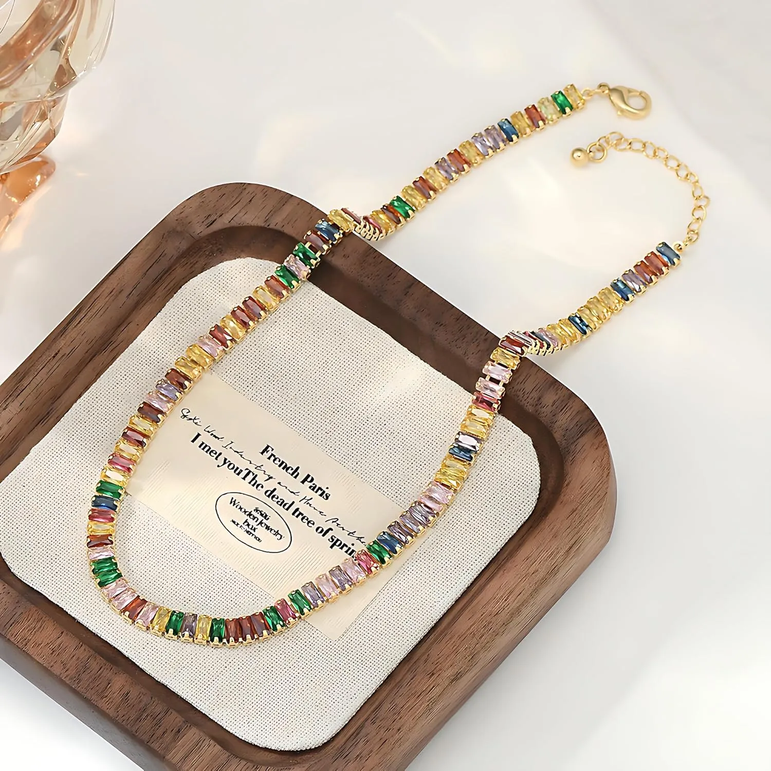 Women Multicolor Gemstone Necklace, Rainbow Cubic Zirconia Gold-Tone Chain, Adjustable Statement Jewelry for Parties, Weddings, and Gifts