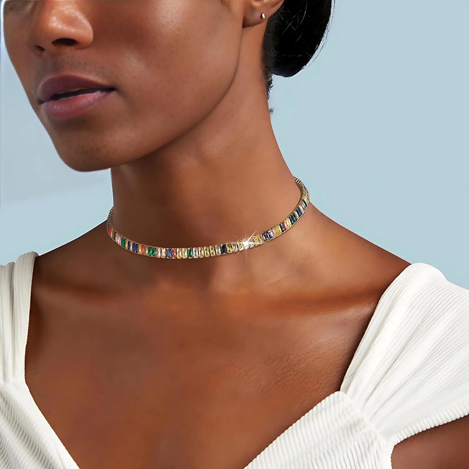 Women Multicolor Gemstone Necklace, Rainbow Cubic Zirconia Gold-Tone Chain, Adjustable Statement Jewelry for Parties, Weddings, and Gifts