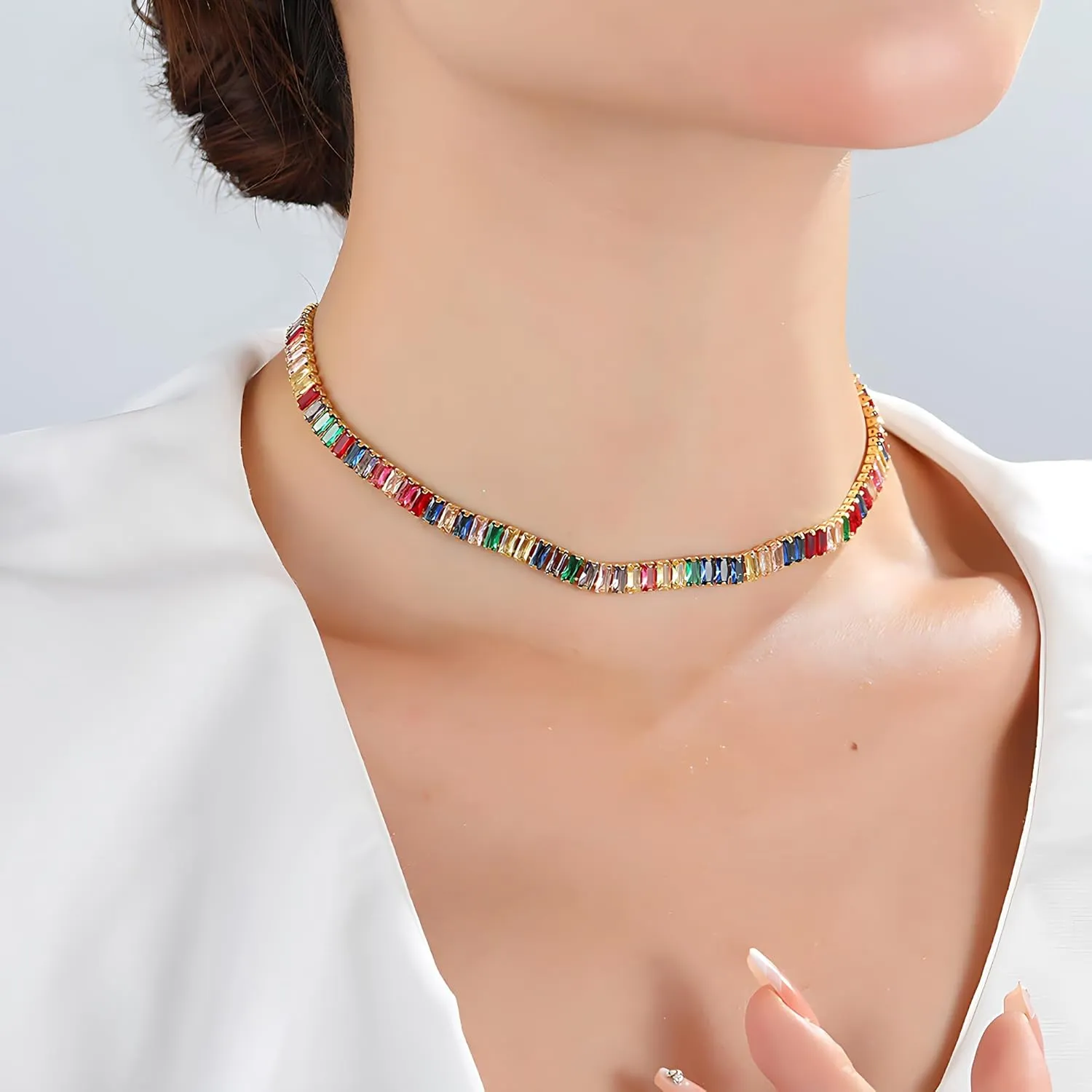 Women Multicolor Gemstone Necklace, Rainbow Cubic Zirconia Gold-Tone Chain, Adjustable Statement Jewelry for Parties, Weddings, and Gifts