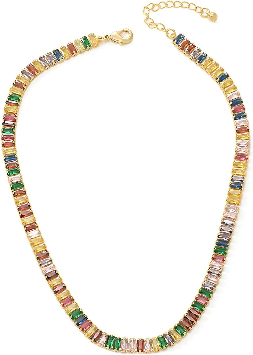 Women Multicolor Gemstone Necklace, Rainbow Cubic Zirconia Gold-Tone Chain, Adjustable Statement Jewelry for Parties, Weddings, and Gifts