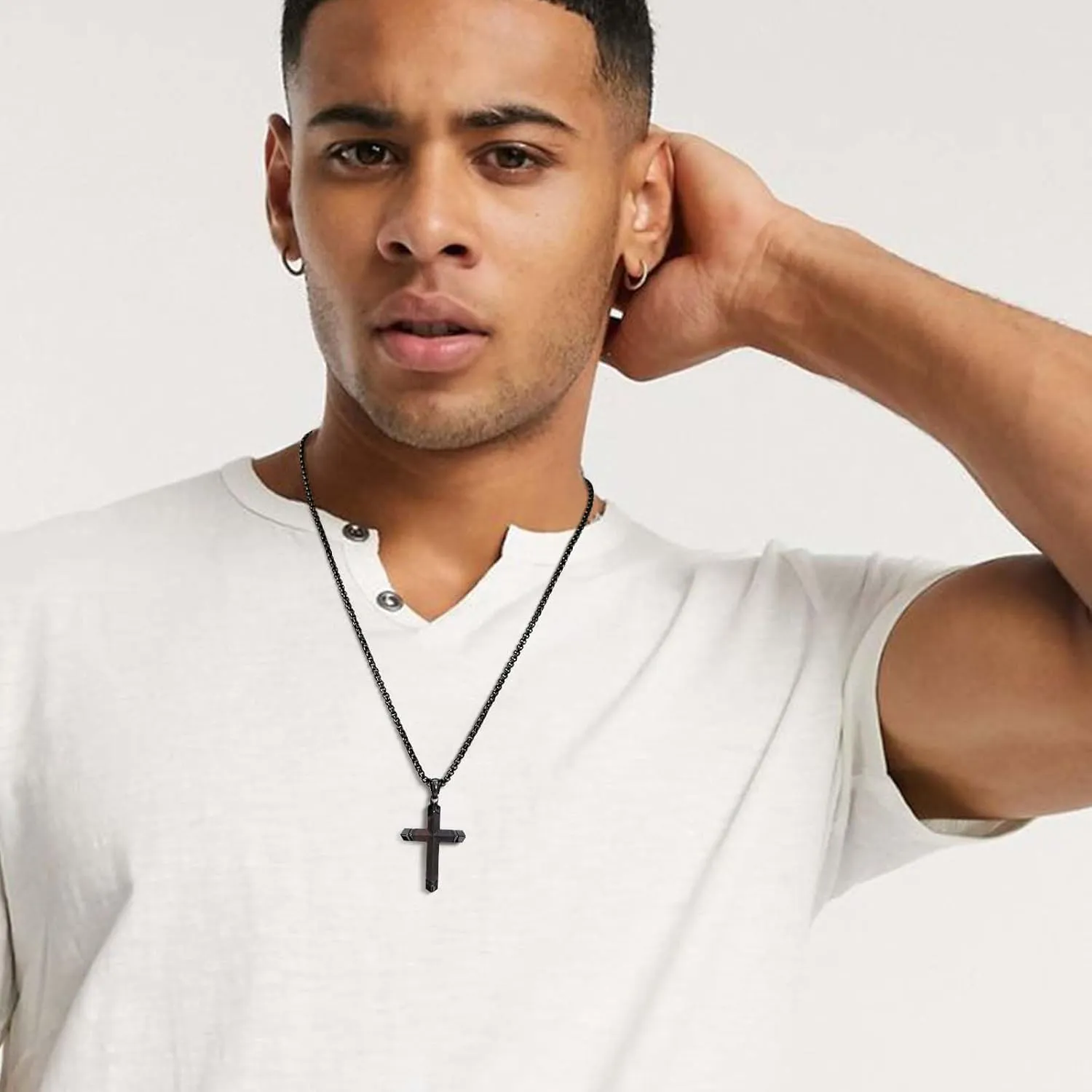 Wooden Cross Necklace for Men-Hawaiian Real Handmade Ebony Wood Cross Pendant Necklace Stainless Steel Chain, Mens Brown Cross Necklaces Koa Wood Jewelry Christian Baptism Crucifix Pendant for Men