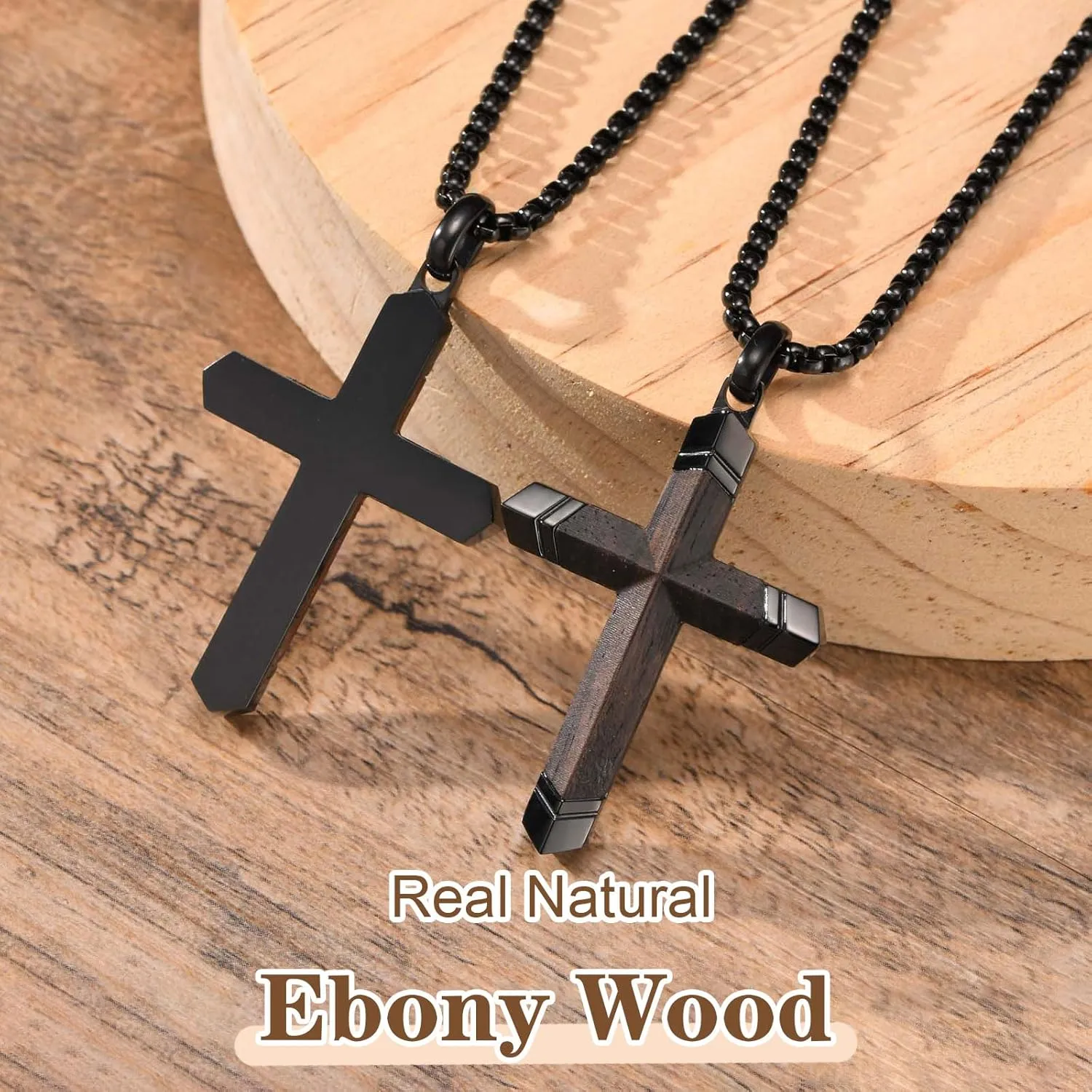 Wooden Cross Necklace for Men-Hawaiian Real Handmade Ebony Wood Cross Pendant Necklace Stainless Steel Chain, Mens Brown Cross Necklaces Koa Wood Jewelry Christian Baptism Crucifix Pendant for Men